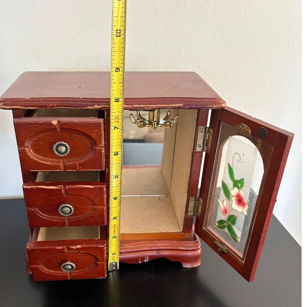 Vintage King Wood Co Wooden Jewelry Box 3 Drawers Mirrored Door Numbered‎